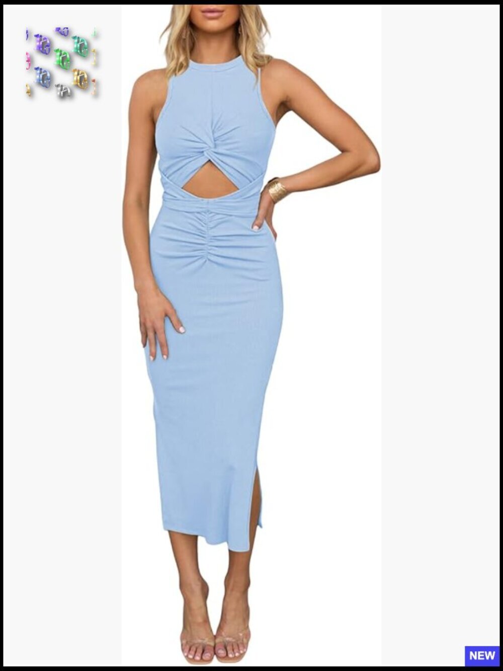 Sleeveless Cut Out Bodycon Midi Dress Crewneck Twist Ruched Slit Ribbed Knit